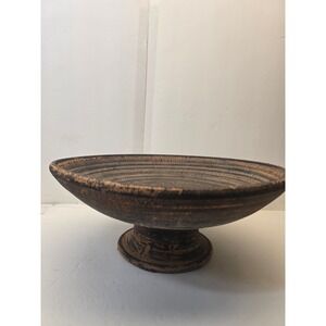 16 Inch Footed Bowl Rustic Earthenware Look Distressed Brown Black Finish